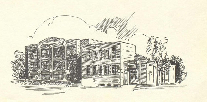 Line Drawing of the Three Lakes Highschool in
                      1049; from the yearbook