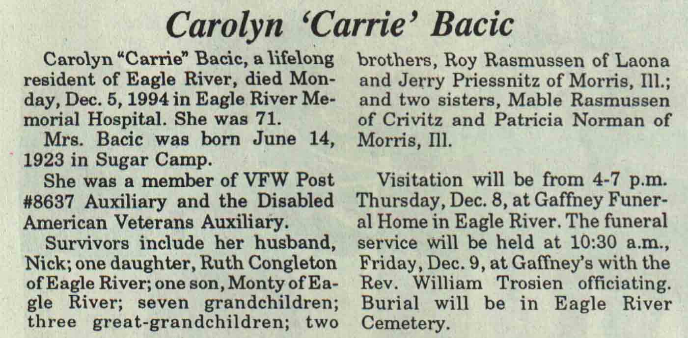 Three Lakes Genealogical Society Obituaries 1994