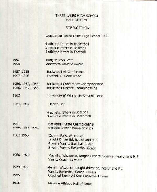 Three Lakes High School Hall of Fame list of
                      accomplishments